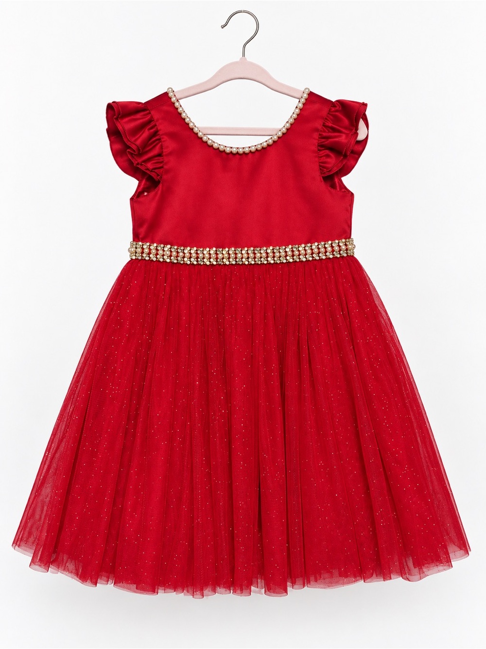 Red Pearl-Trim Tulle Party Dress for Kids
